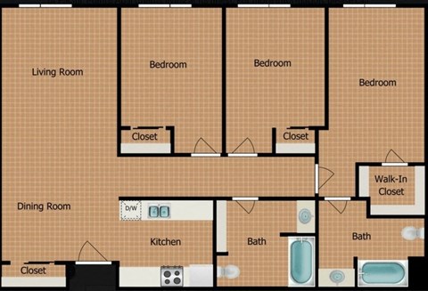 Floor plan for 3 beds, 2 baths, 1176 sqft